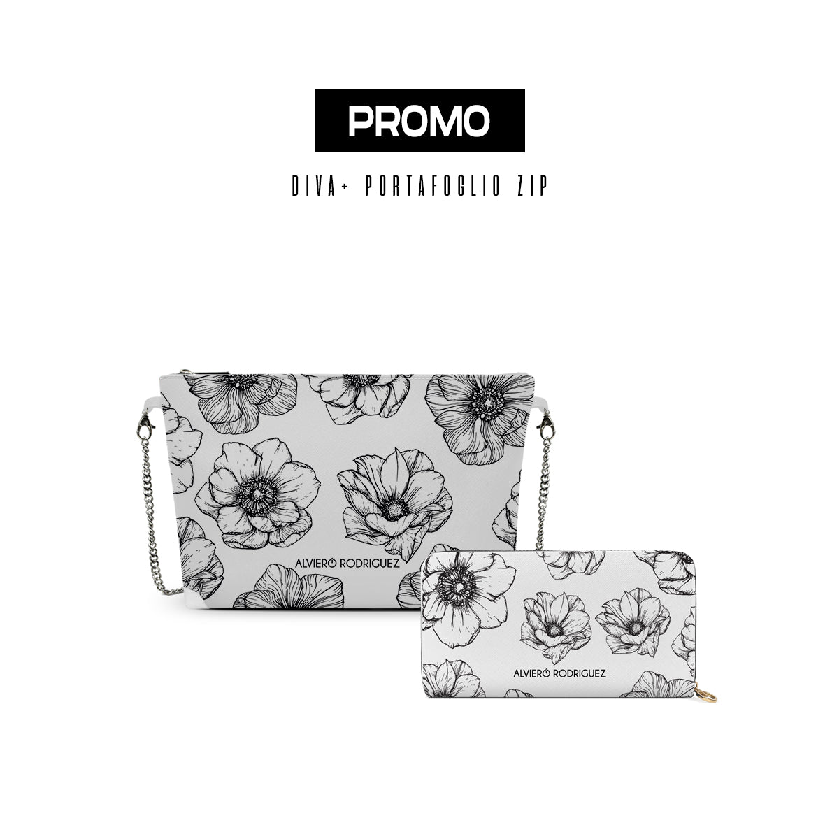 Promo diva + Portafoglio Zip bianca Drowing Flowers