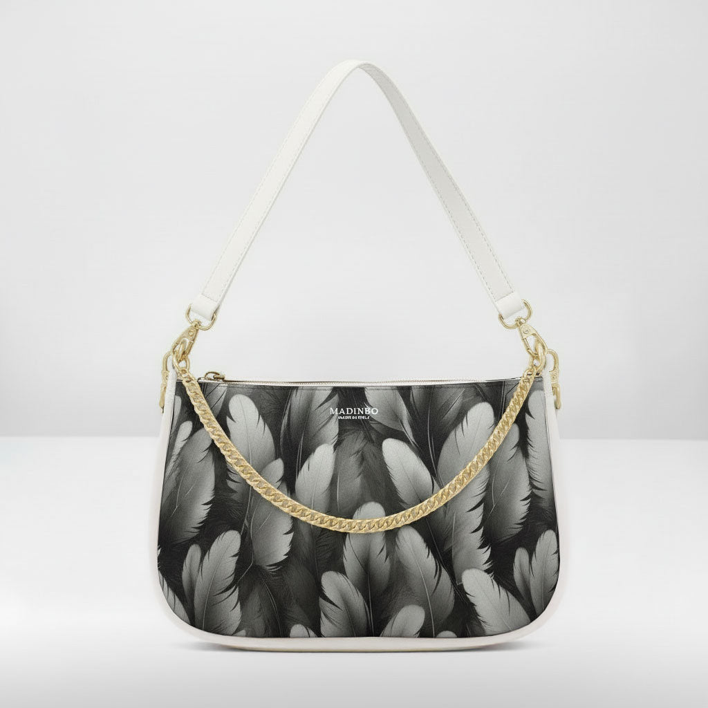 BORSA AQUA MADINBO BIANCA - MADE IN ITALY - PIUME BIANCHE E NERE