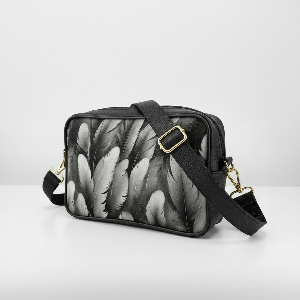 BORSA SOLE - MADE IN ITALY  - CON STAMPA PIUME BIANCHE E NERE